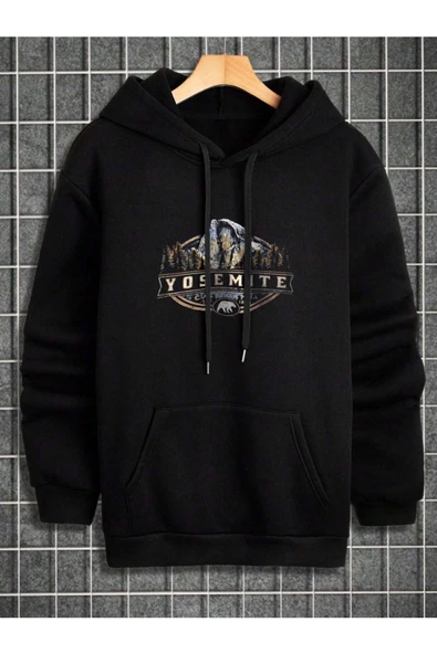 Erkek Siyah Yosemite Baskılı Kapüşonlu Sweatshirt - 2