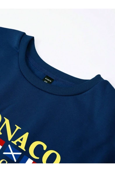 Erkek Petrol Mavi Monaco Baskılı Bisiklet Yaka Sweatshirt - 6
