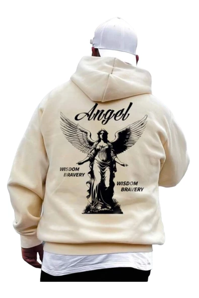 Unisex Bej Sırt Angel Baskı Kapüşonlu Sweatshirt