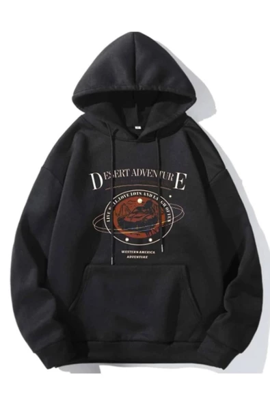 Kadın Siyah Desert Baskılı Oversize Kapşonlu Sweatshirt