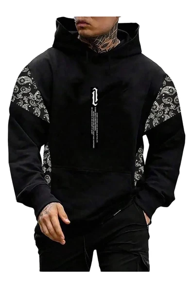 Erkek Dikey Baskılı Desenli Oversize Kapşonlu Sweatshirt - Resim 2