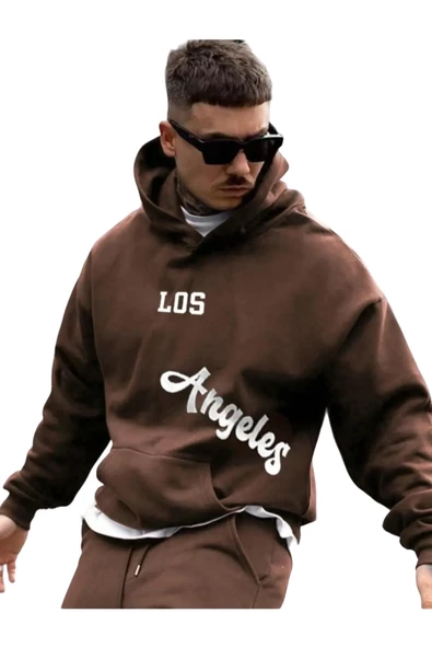 Erkek Kahverengi Los Angeles Baskılı Oversize Kapşonlu Sweatshirt