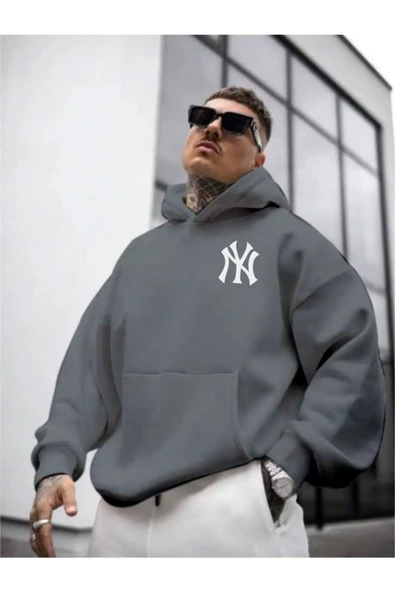 Erkek Ön Arka NY Baskılı Kapüşonlu Sweatshirt - Resim 11