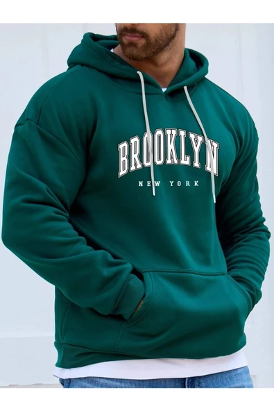 Erkek Brooklyn Baskılı Oversize Kapşonlu Sweatshirt - 6