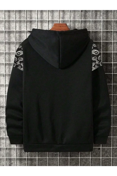 Erkek Dikey Baskılı Desenli Oversize Kapşonlu Sweatshirt - Resim 3