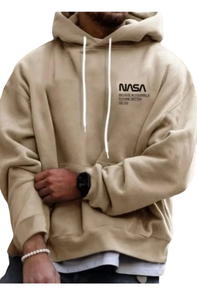 Erkek Bej Nasa Yazı Detay Baskılı Oversize Sweatshirt