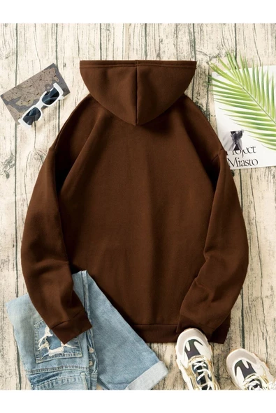 Unisex Kahverengi Kafatası Baskılı Oversize Kapşonlu Sweatshirt - 2