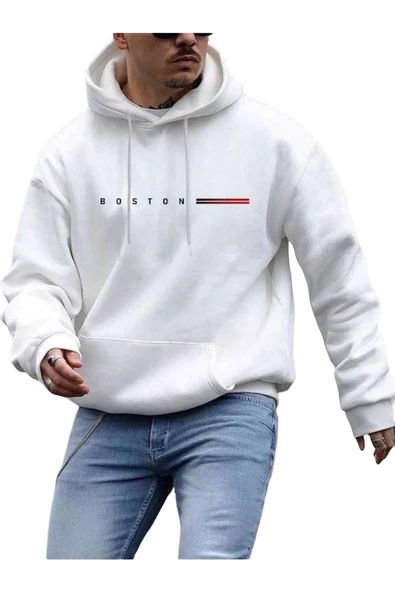 Erkek Boston Baskılı Oversize Kapşonlu Sweatshirt