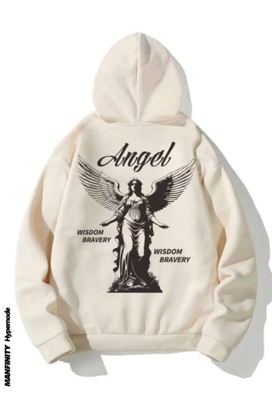 Unisex Bej Sırt Angel Baskı Kapüşonlu Sweatshirt - Resim 3