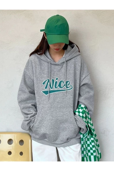 Gri Nice Baskılı Oversize Kapşonlu Sweatshirt - 3