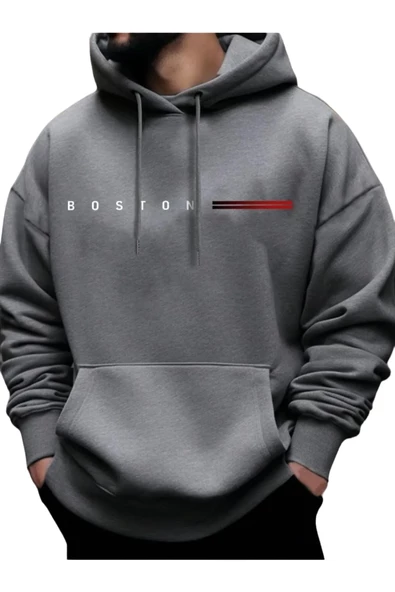 Erkek Boston Baskılı Oversize Kapşonlu Sweatshirt - 2
