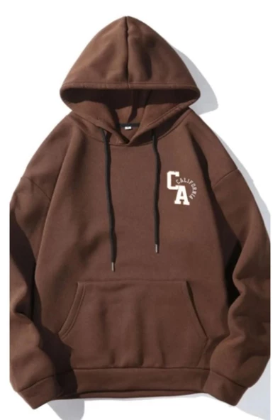 Kadın Kahverengi California Baskılı Kapşonlu Sweatshirt