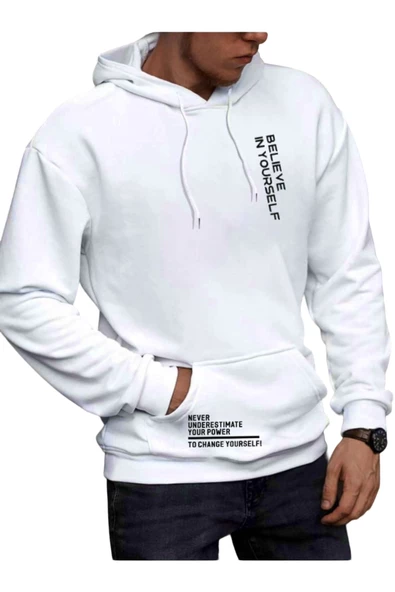 Erkek Believe Baskılı Oversize Kapşonlu Sweatshirt - 7