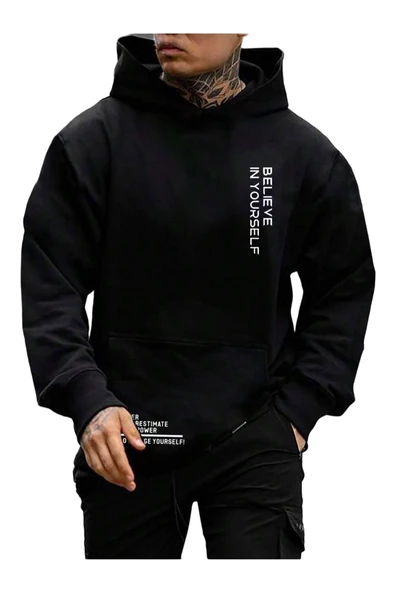 Erkek Believe Baskılı Oversize Kapşonlu Sweatshirt - 4