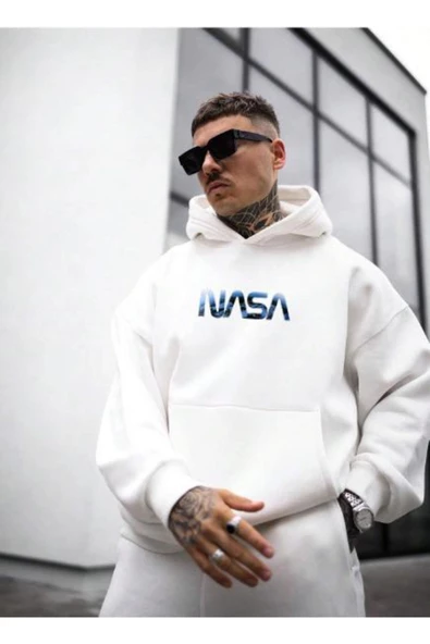 Erkek Nasa Baskılı Kapüşonlu Sweatshirt - 5