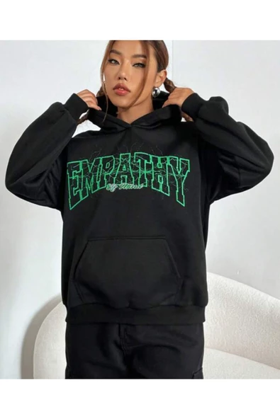Kadın Siyah Empathy Baskı Kapüşonlu Sweatshirt - 2
