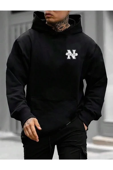 Erkek New York Baskılı Kapüşonlu Sweatshirt - Resim 10
