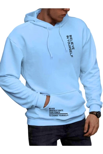 Erkek Believe Baskılı Oversize Kapşonlu Sweatshirt