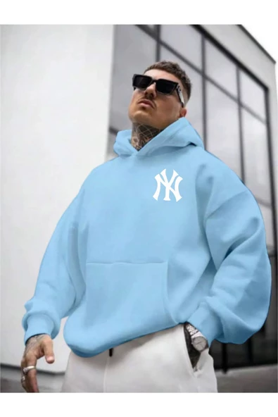 Erkek Ön Arka NY Baskılı Kapüşonlu Sweatshirt - Resim 10