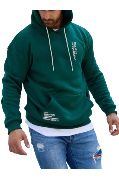 Erkek Believe Baskılı Oversize Kapşonlu Sweatshirt - 5