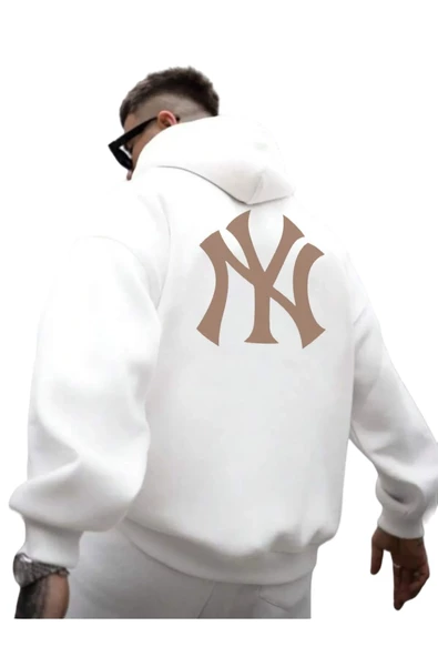 Erkek Ön Arka NY Baskılı Kapüşonlu Sweatshirt - Resim 8