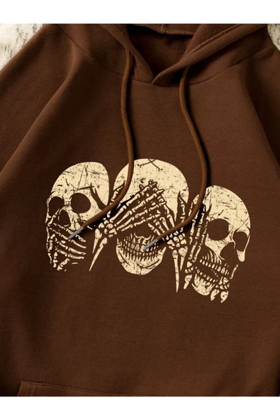 Unisex Kahverengi Kafatası Baskılı Oversize Kapşonlu Sweatshirt - 3