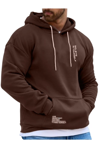 Erkek Believe Baskılı Oversize Kapşonlu Sweatshirt - 3
