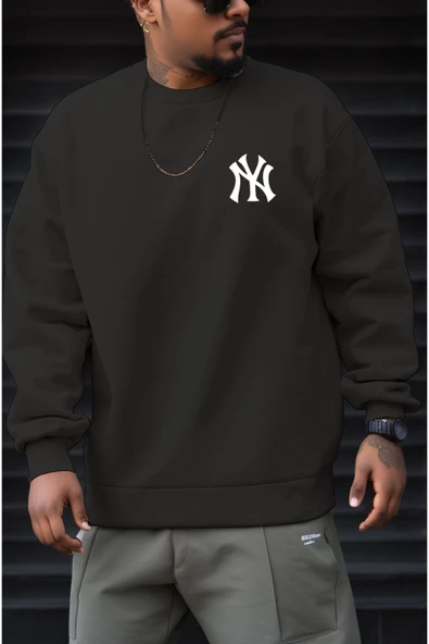 Erkek NY Ön Arka Baskılı Oversize Bisiklet Yaka Sweatshirt - 6