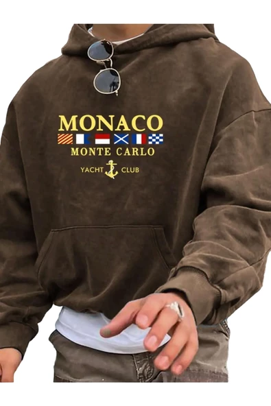Erkek Monaco Baskılı Oversize Kapşonlu Sweatshirt - 3