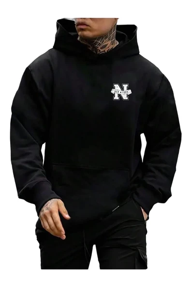 Erkek New York Baskılı Kapüşonlu Sweatshirt - Resim 3