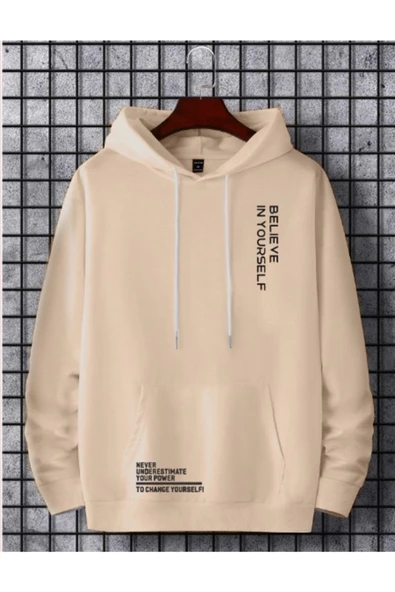 Erkek Believe Baskılı Oversize Kapşonlu Sweatshirt - 11