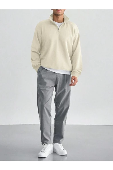 Erkek Yarım Fermuarlı Oversize Polo Yaka Sweatshirt - 3