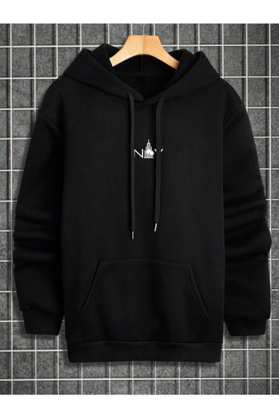 Erkek Siyah New York Baskılı Kapüşonlu Sweatshirt - Resim 2