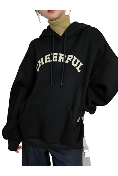 Siyah Cheerful Baskılı Oversize Kapüşonlu Sweatshirt