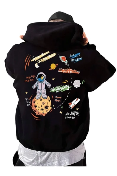 Erkek Siyah Sırt Uzay Baskılı Oversize Kapşonlu Sweatshirt