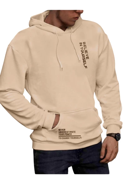 Erkek Believe Baskılı Oversize Kapşonlu Sweatshirt - 2