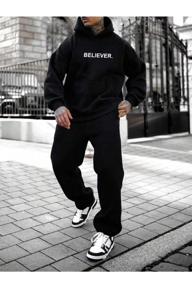 Erkek Believer Baskılı Oversize Kapşonlu Sweatshirt - 8