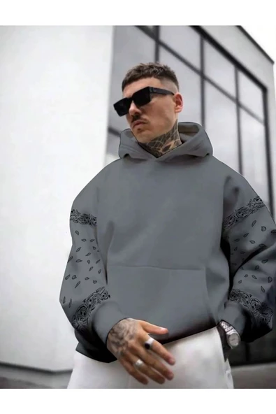 Erkek Kahverengi Kol Desenli Oversize Kapşonlu Sweatshirt - Resim 6