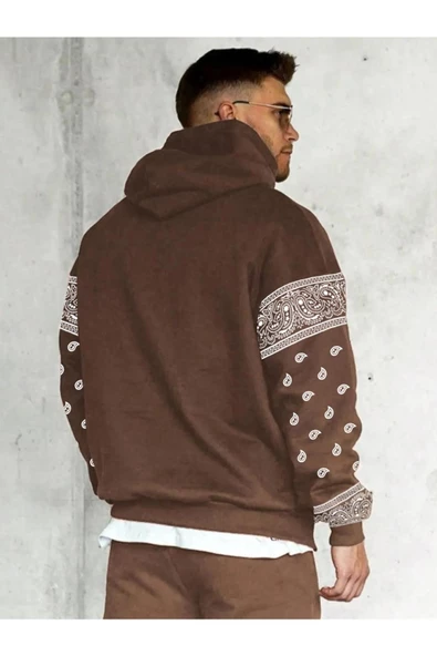 Erkek Kahverengi Kol Desenli Oversize Kapşonlu Sweatshirt - Resim 5