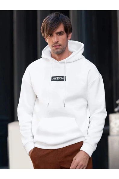 Erkek Awesome Baskılı Oversize Kapşonlu Sweatshirt - 8