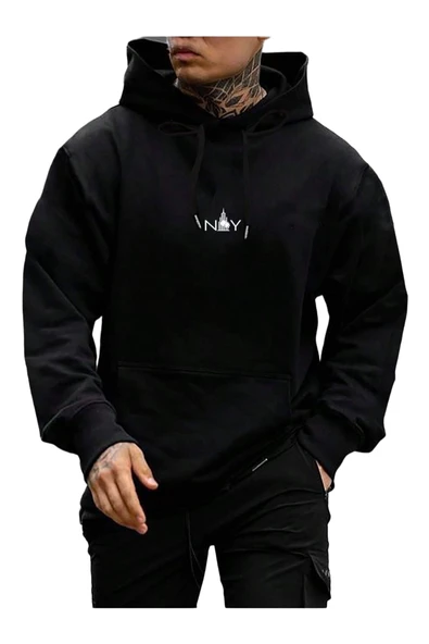 Erkek Siyah New York Baskılı Kapüşonlu Sweatshirt ürün görseli 1
