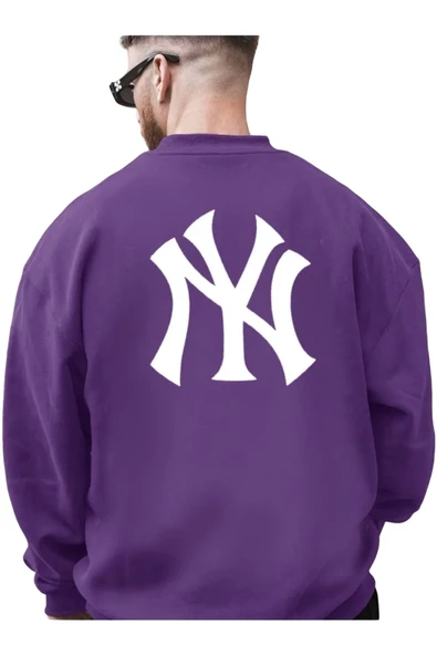 Erkek NY Ön Arka Baskılı Oversize Bisiklet Yaka Sweatshirt