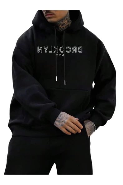 Erkek Siyah Ters Brooklyn Baskılı Kapüşonlu Sweatshirt