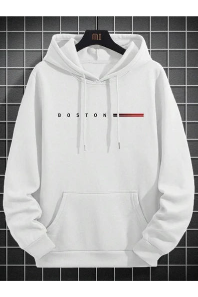Erkek Boston Baskılı Oversize Kapşonlu Sweatshirt - 9