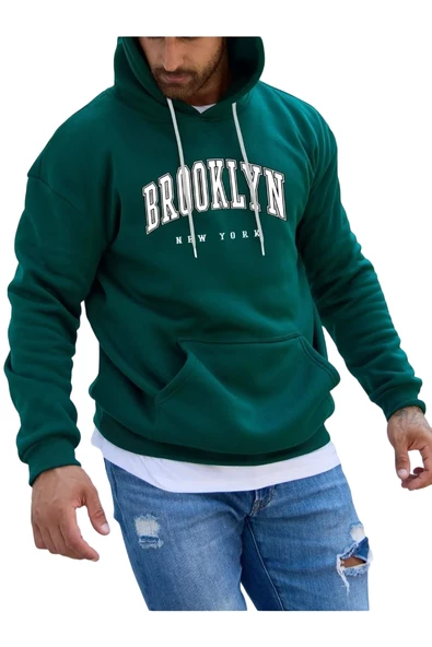Erkek Brooklyn Baskılı Oversize Kapşonlu Sweatshirt - 2