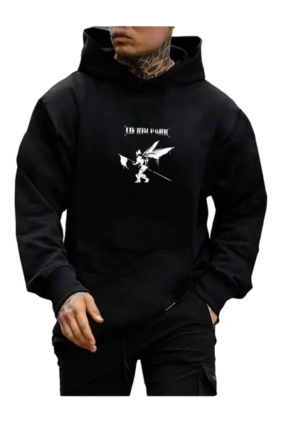 Erkek Linkin Park Baskılı Kapüşonlu Sweatshirt - Resim 3