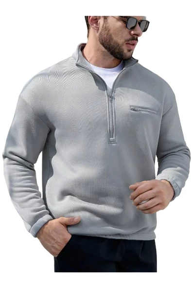 Erkek Göğüs Fermuarlı Oversize Polo Yaka Sweatshirt - 2