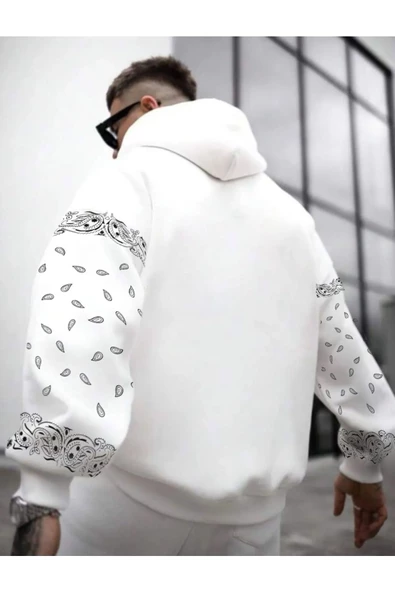 Erkek Kahverengi Kol Desenli Oversize Kapşonlu Sweatshirt - Resim 9