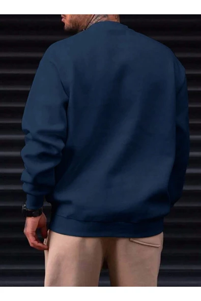 Erkek Petrol Mavi Paris Romantic City Baskılı Bisiklet Yaka Sweatshirt - 3