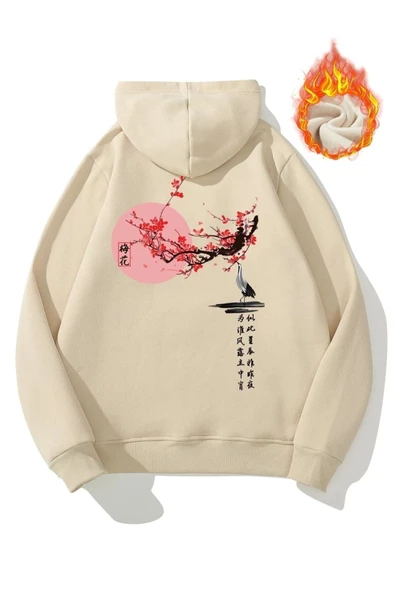 Japon Ağacı Baskılı Oversize Kapşonlu Sweatshirt